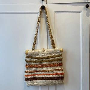 Vintage 70s , Macrame crossbody bag, knitted, wood, brown, orange